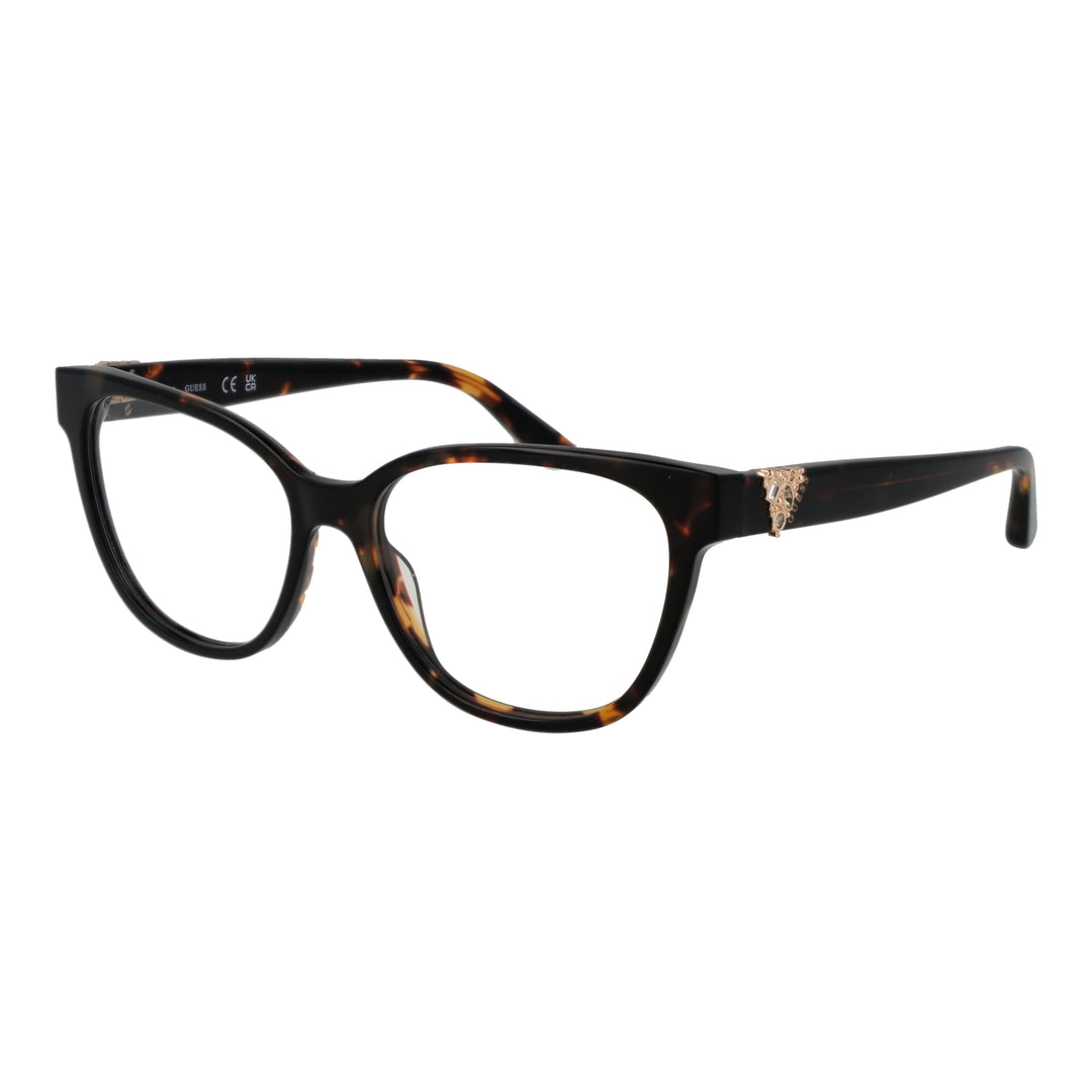 Tortoiseshell cat-eye eyeglasses for Women in black and brown tones with gold temple embellishments on a neutral background.
