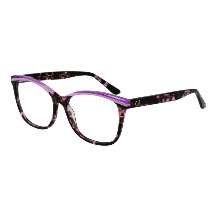 Purple, black and pink tortoiseshell cat-eye eyeglasses with metallic G logo on temple, angled three-quarter view