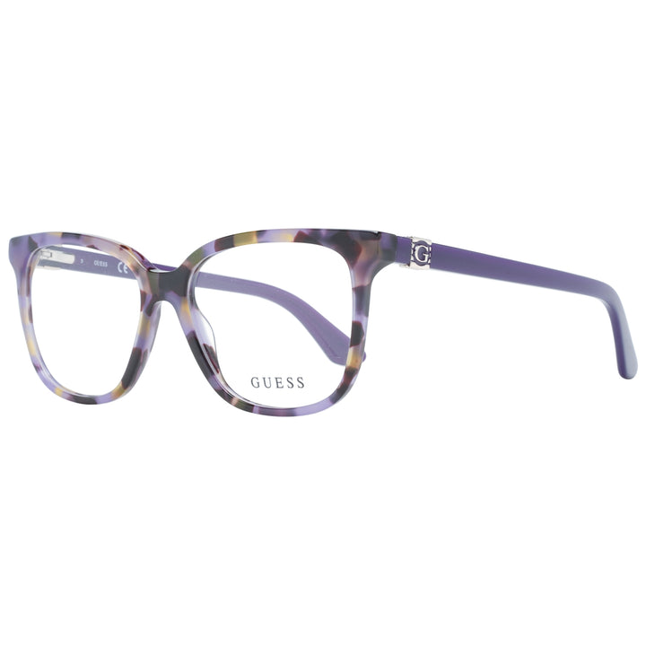 Purple multicolor tortoiseshell square eyeglasses in plastic with metallic G logo on temples, frontal view