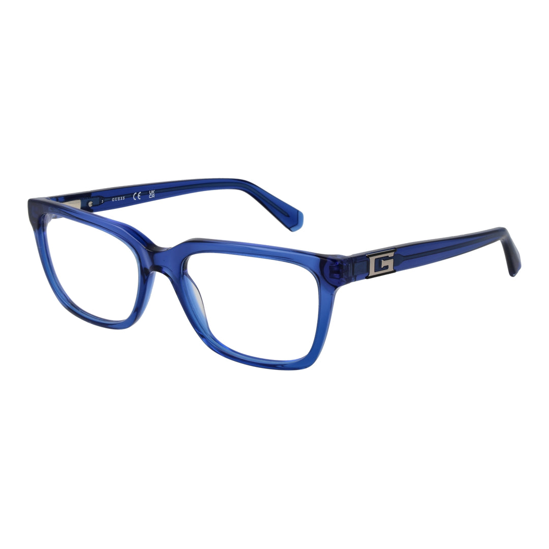 Transparent blue full-rim rectangular eyeglasses with metal logo on temples, Unisex design
