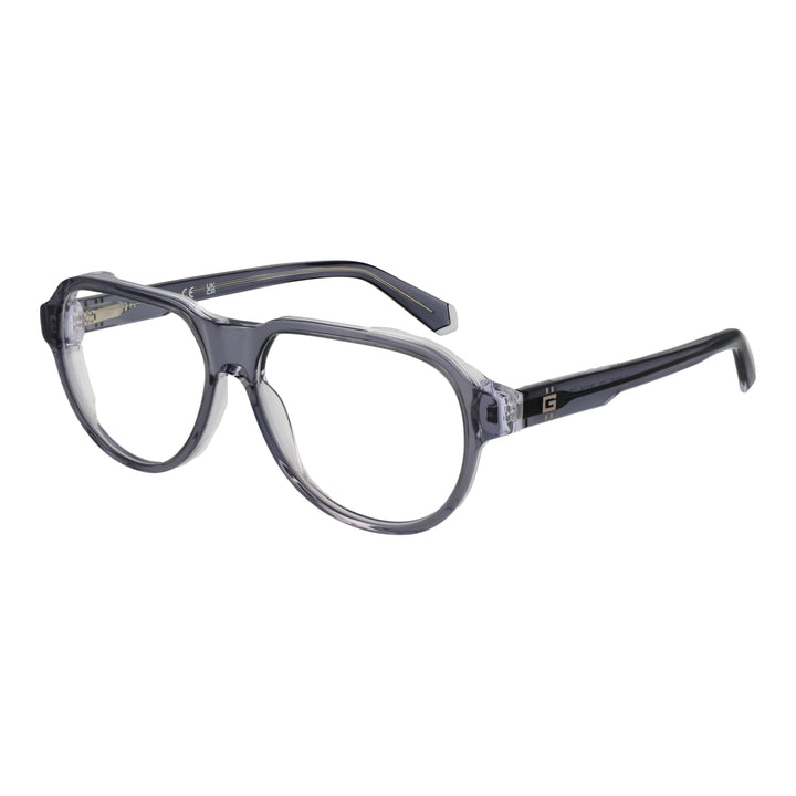 Transparent gray full-rim rectangular Unisex eyeglasses in plastic shown front and three-quarter view