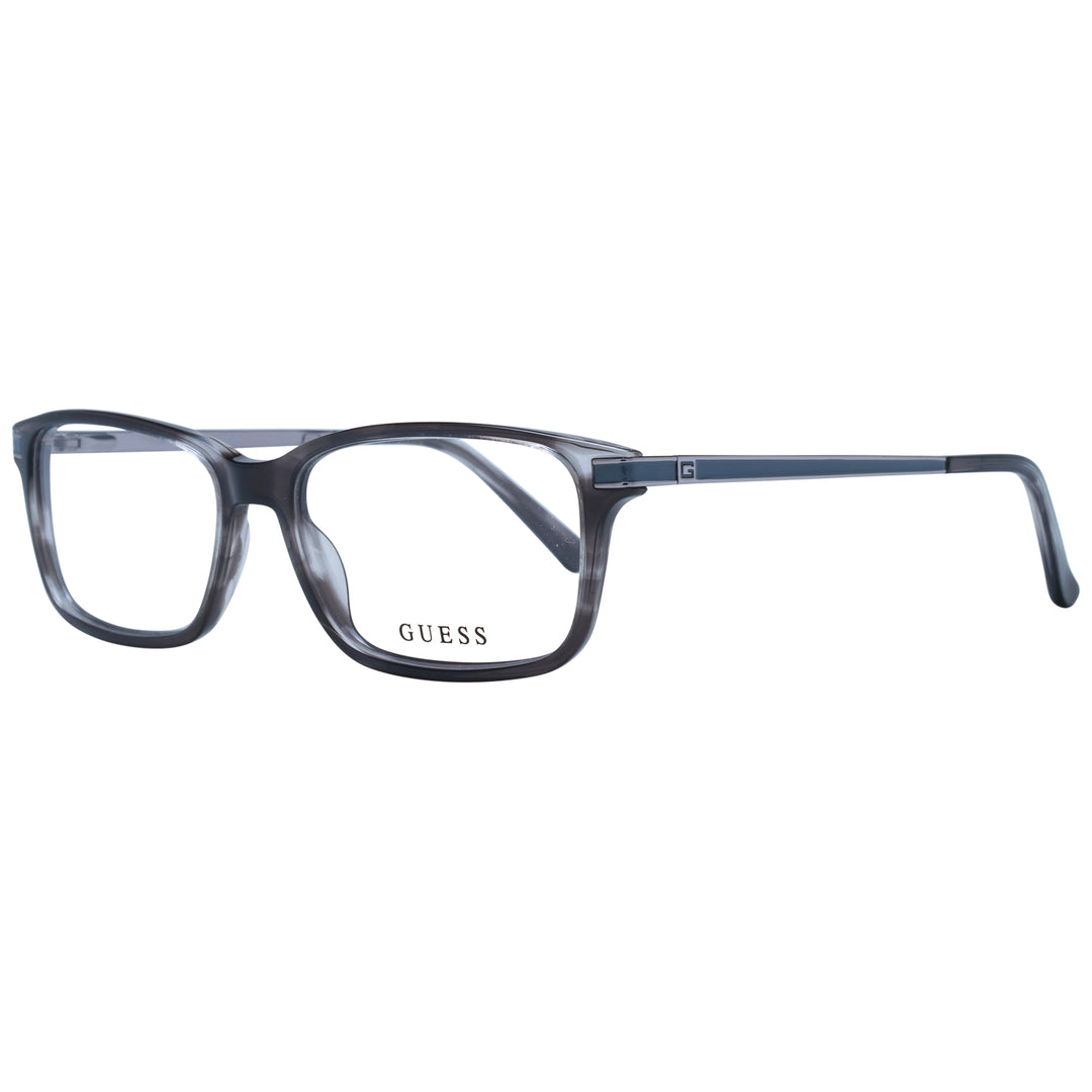 Unisex transparent rectangular eyeglasses with gray plastic frame and metal temples featuring logo detail