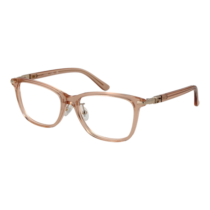 Light brown transparent rectangular eyeglasses in plastic and metal with adjustable nose pads on neutral background