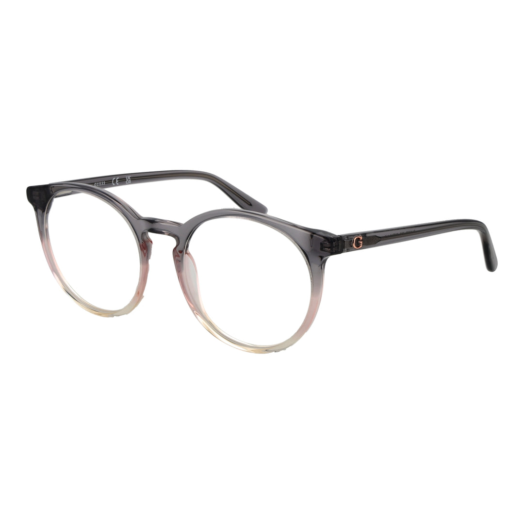 Transparent gray-pink-beige round eyeglasses in gradient plastic frame on white background