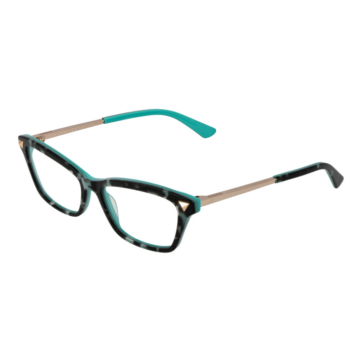Turquoise and black two-tone rectangular eyeglasses with gold metal temples and triangular corner accents for Women