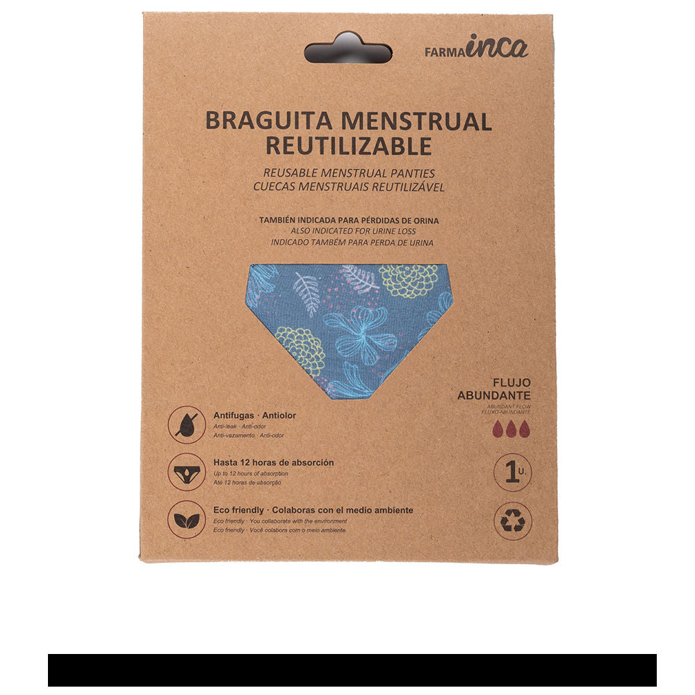 Inca blue menstrual panties with yellow and pink floral pattern, folded, youth cut, visible seam details.