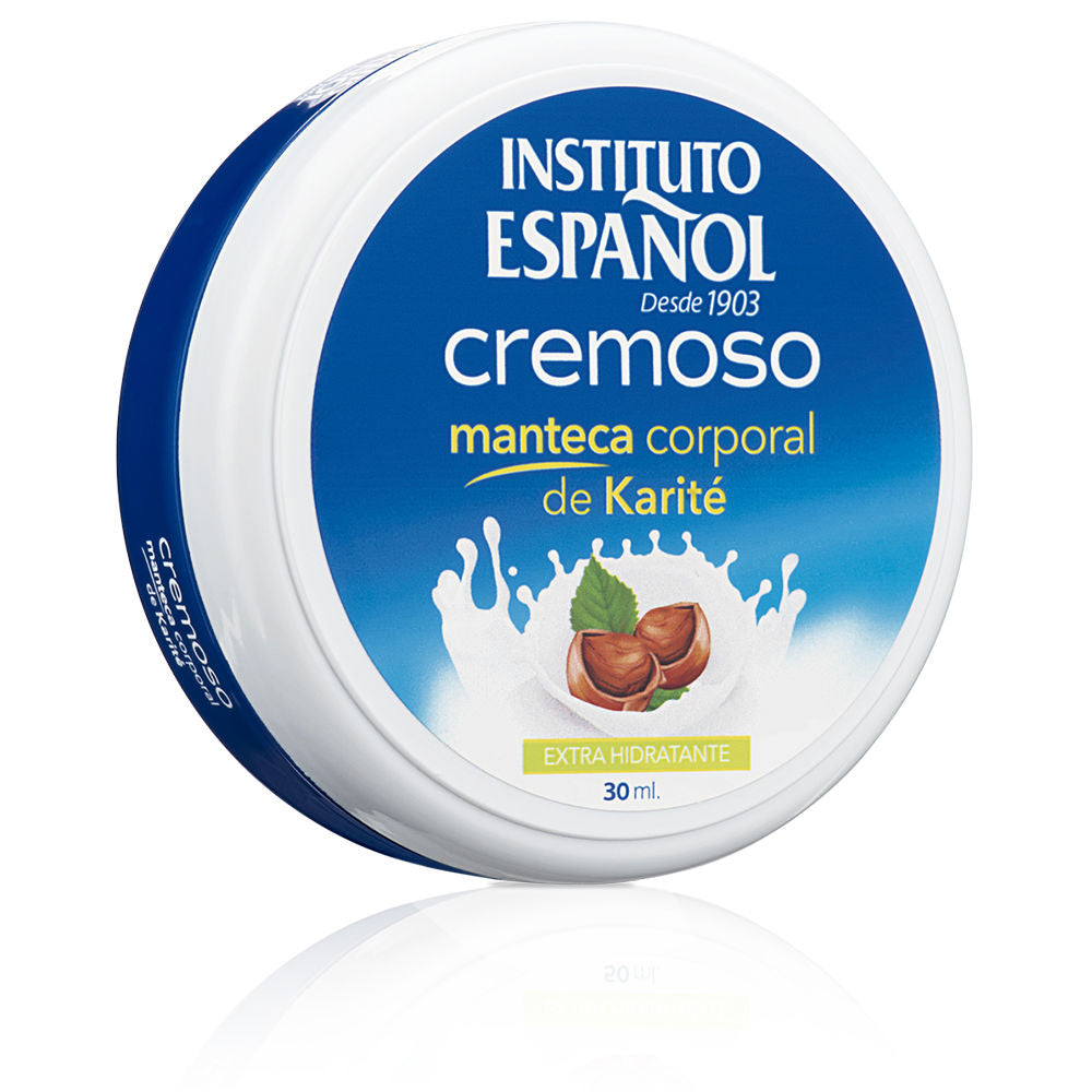 Instituto Español Round blue-and-white plastic body butter container with label showing shea nuts, leaves, and milk splash