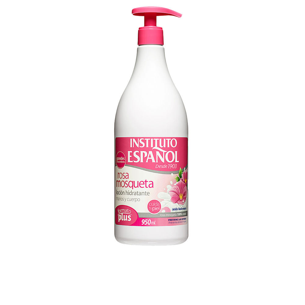 950 ml pump bottle of rosehip hydrating body milk, pale pink lotion