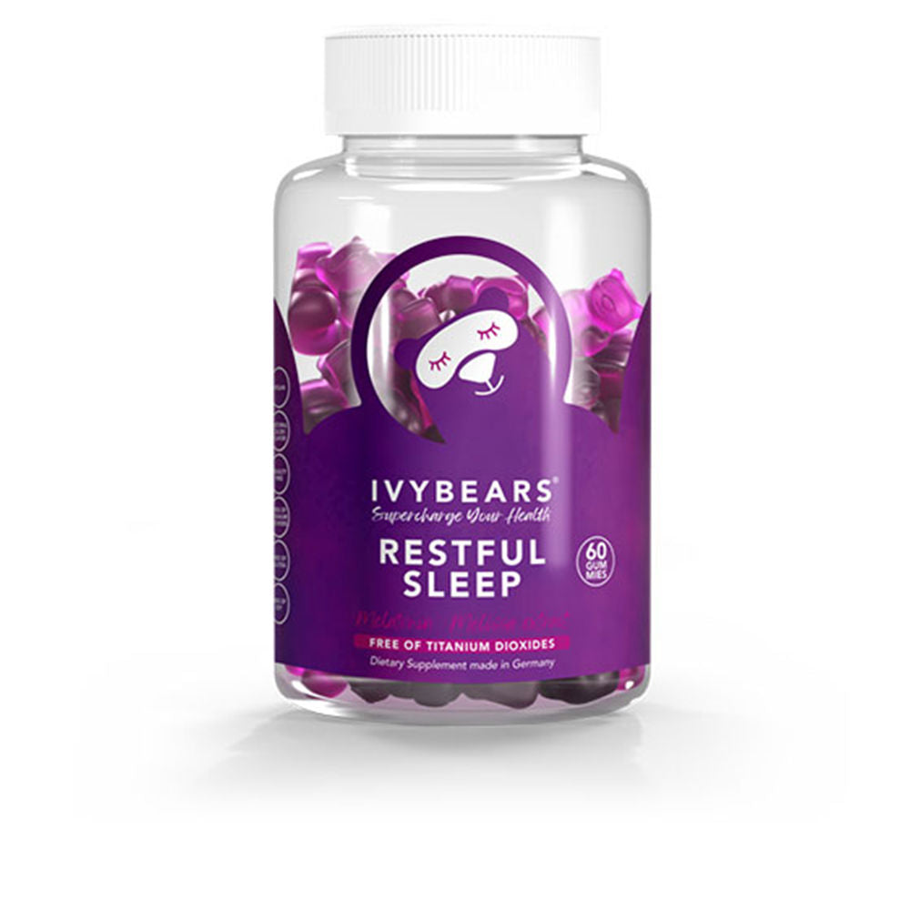 Jar of 60 fruit vegan sleep gummies, labelled Melissa, L‑theanine, melatonin