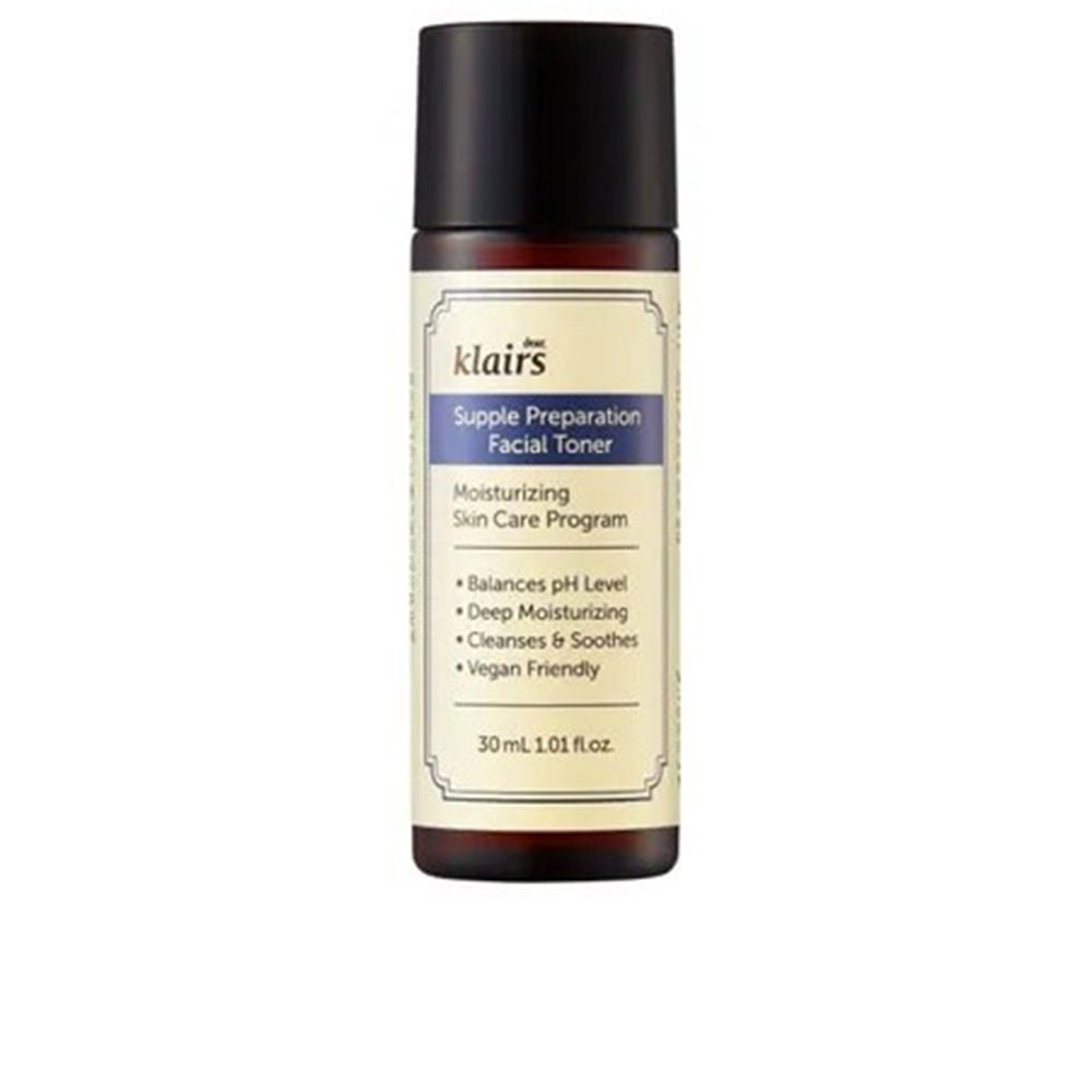 Klairs 30 mL cylindrical plastic toner bottle with black screw cap, cream label and blue panel.
