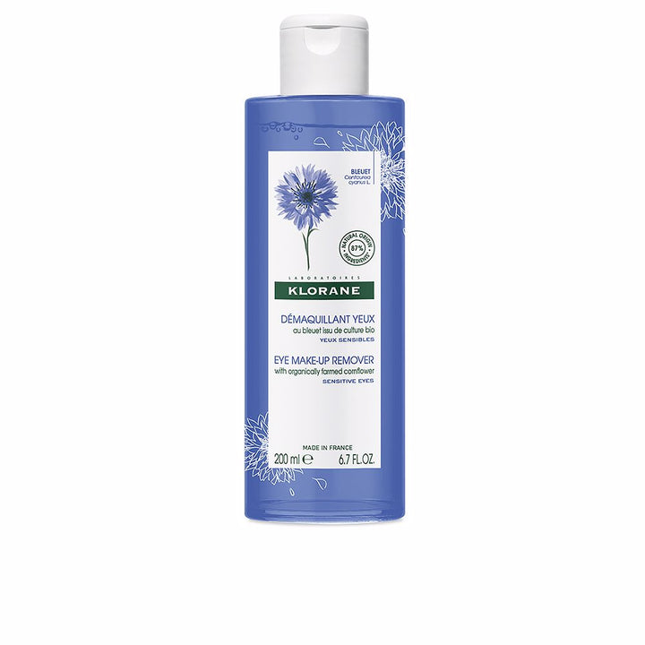 Clear 100 ml bottle of organic cornflower eye makeup remover, gentle formula