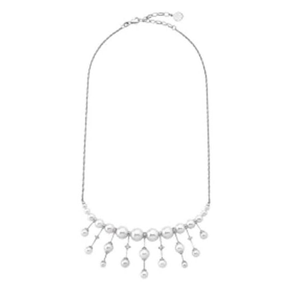 Silver chain necklace with dangling bead drops on fine metal chain displayed on neutral background
