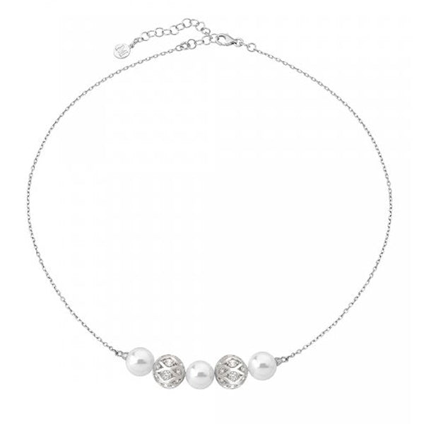 Silver-toned station necklace with pearl-like beads and stone-embedded decorative round beads on chain