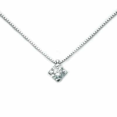 Sterling silver pendant necklace with single brilliant-cut diamond on box chain against neutral background