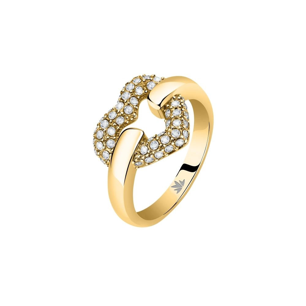 Gold linked-chain ring in IP gold with embedded clear stones shown on neutral background
