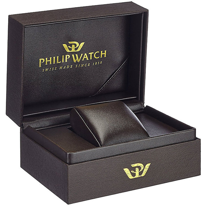 Silver stainless steel automatic watch with white dial, date window, and metal bracelet on neutral background