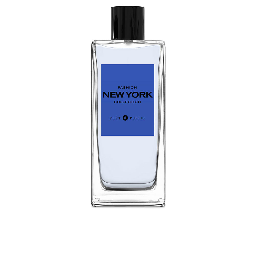 Pret-a-porter Transparent glass rectangular perfume bottle with blue label and black cap, visible amber liquid