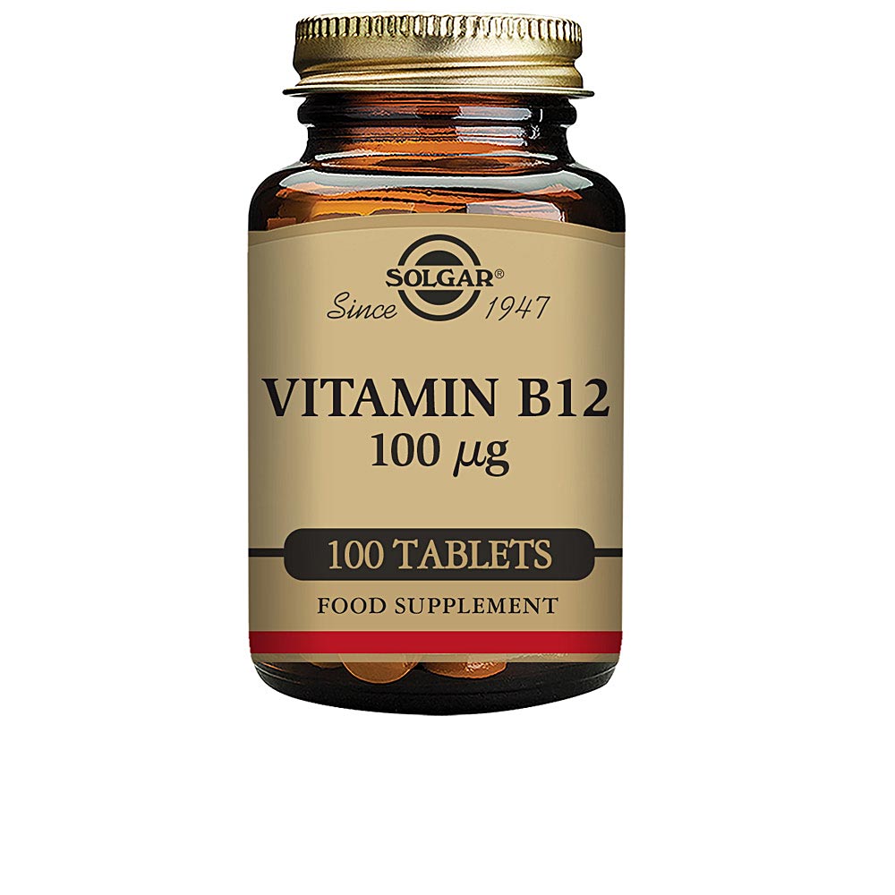 Bottle of vitamin B12 tablets with minimalist label, 100 units
