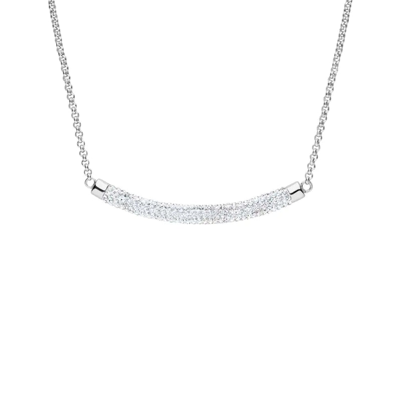 Delicate white gold bar necklace with curved pavé diamonds on a fine chain against neutral background