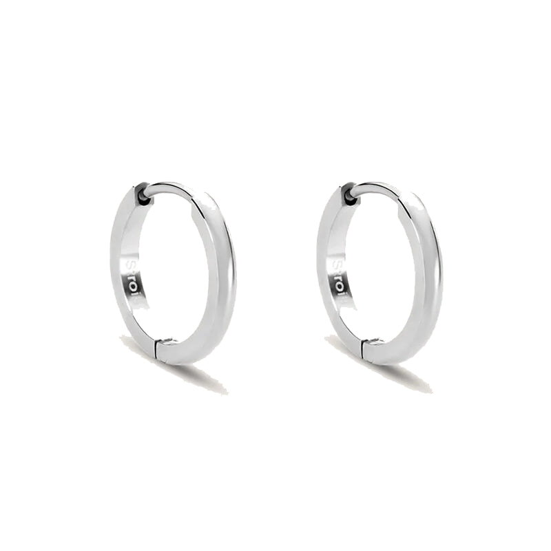 Stroili Polished Metal Hoop Earrings: silver polished metal hoop earrings with hinged clasp, minimalist unisex design
