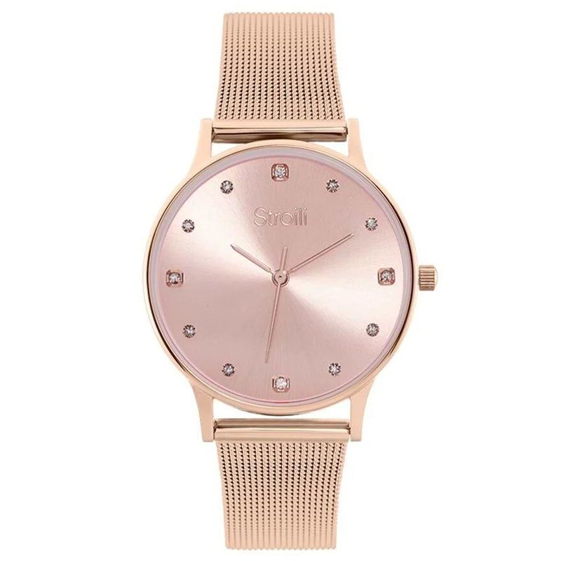 Rose gold minimalist wristwatch on mesh strap with crystal hour markers and three hands