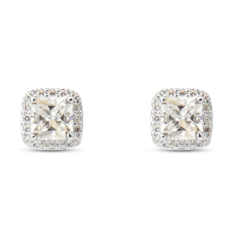Stroili Silver Halo Earrings: stud earrings with square-cut center stones surrounded by halo of clear stones