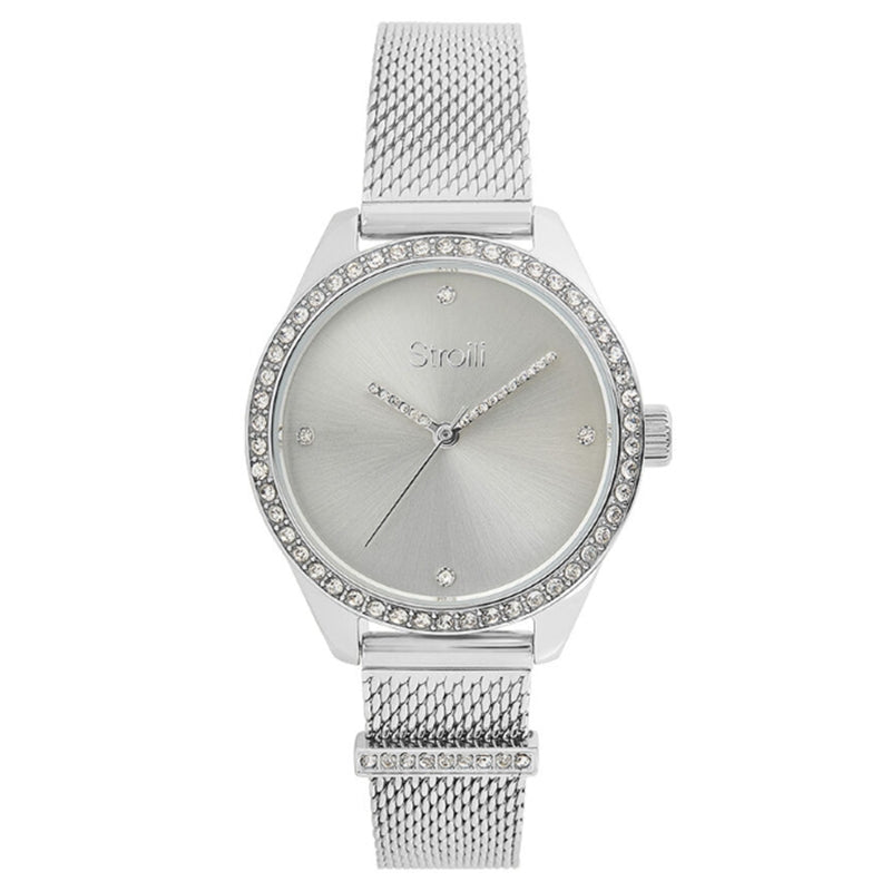 Silver women's wristwatch with mesh strap, rhinestone bezel, minimalist silver dial, and quartz hands