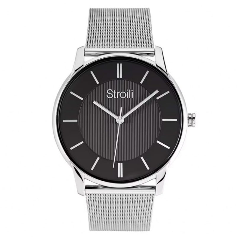 Silver metal Unisex wristwatch with black minimalist dial and mesh strap, close-up on hour markers