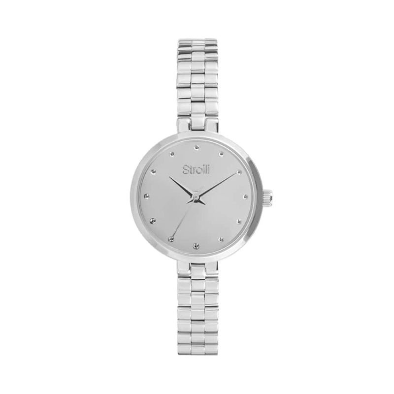 Silver stainless steel women’s dress watch with minimalist dial and metal link bracelet, crystal hour markers