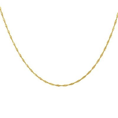 Gold twisted chain necklace lying on fabric, showing textured links and lobster clasp